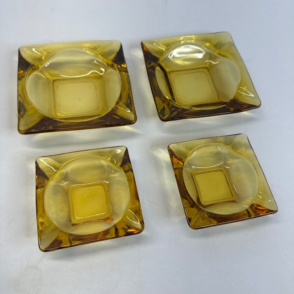 Vintage Amber Glass Square Ashtray Set of 4 Mid Century Modern MCM Yellow Retro